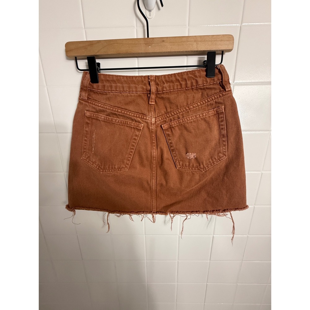 Free People Rust Distressed Denim Mini Skirt Button Fly Frayed Hem Size 25 - Picture 5 of 5